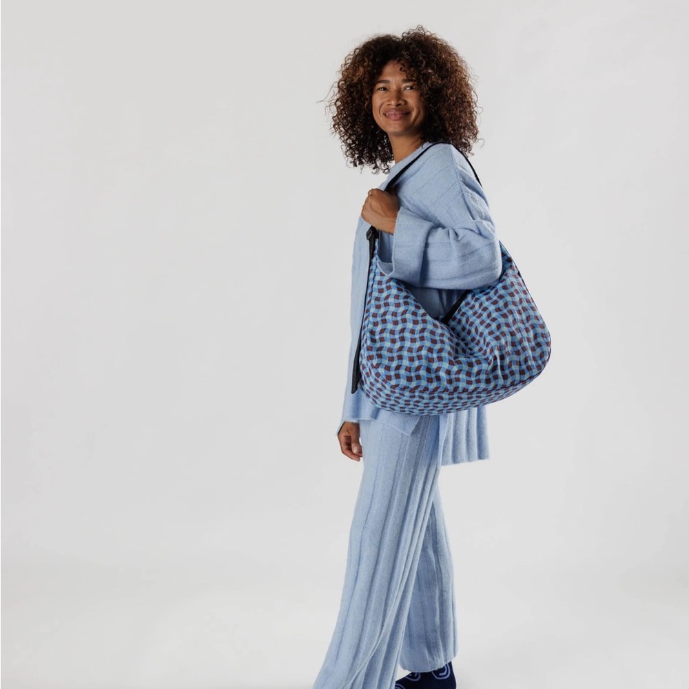 Large Nylon Crescent Bag in wavy gingham blue 🩵 🤎 NWOT